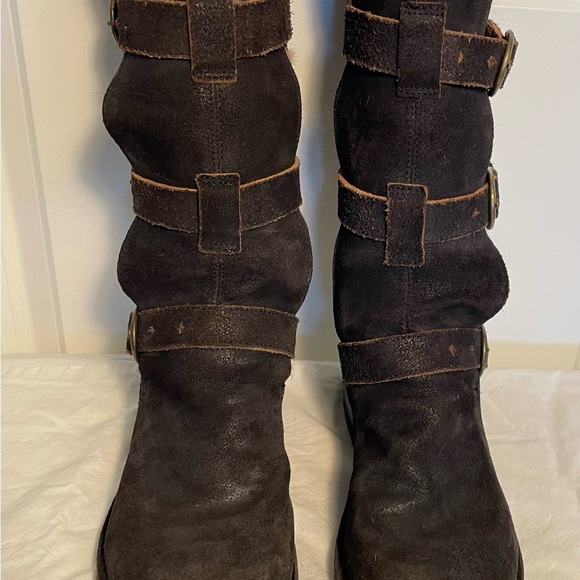 Fiorentini+Baker LEVANZO NERO Brown Suede Boots 3 Straps w/ Gold Buckles - Picture 3 of 16